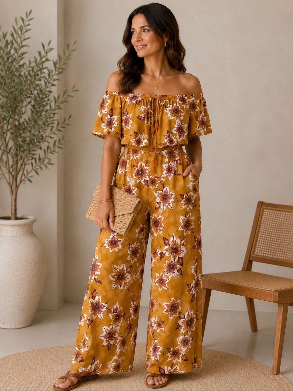 Shore Floral Off-Shoulder Wide-Leg Jumpsuit - Mustard size XS
